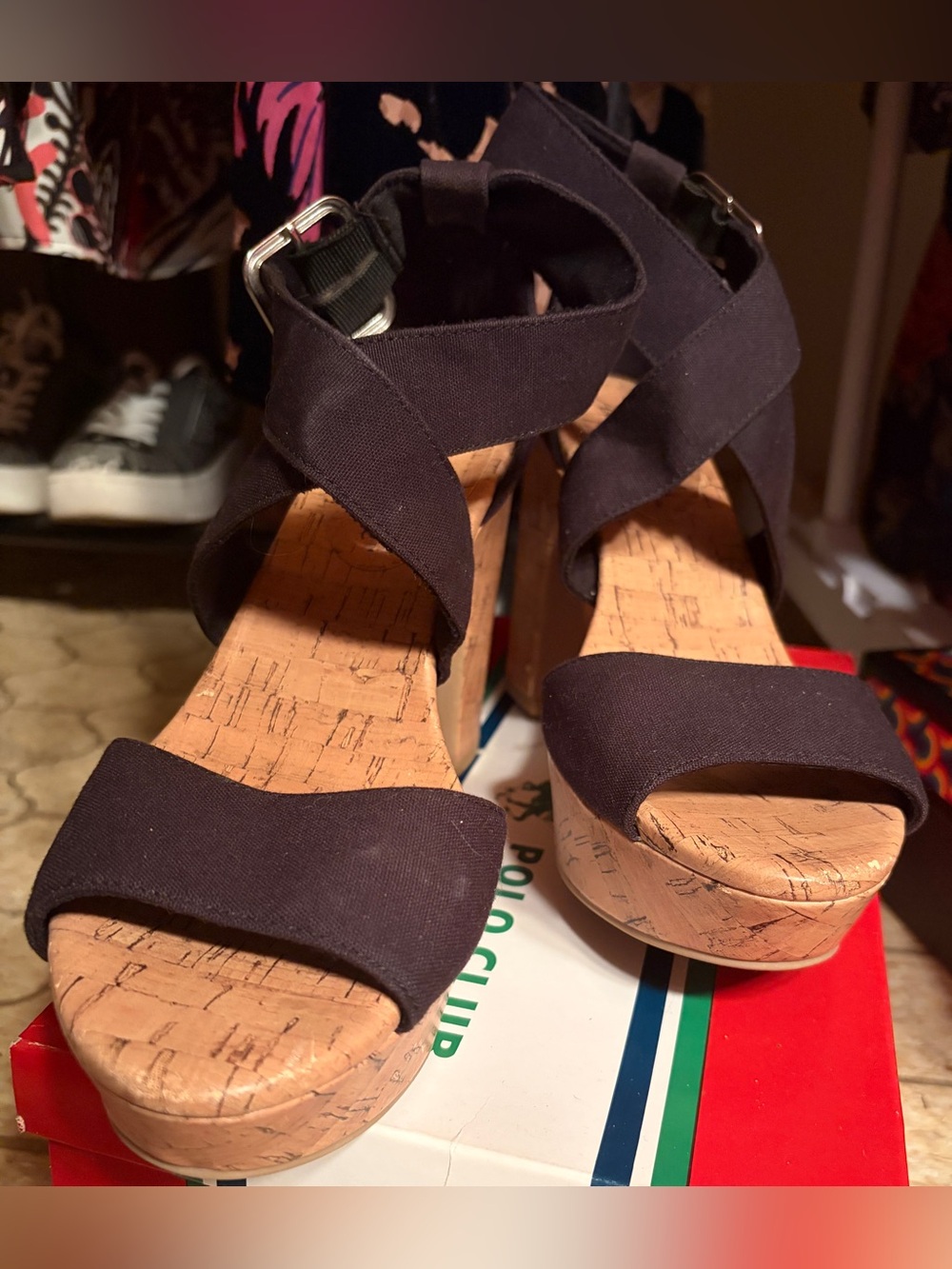 American Eagle Cork Platform with Black Fabric Crisscross strap Sandals
